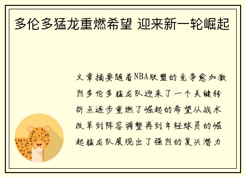 多伦多猛龙重燃希望 迎来新一轮崛起