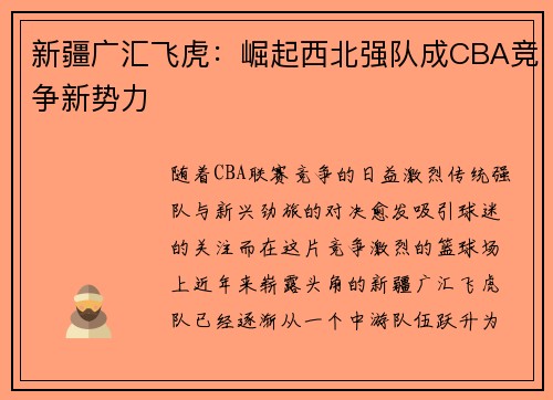 新疆广汇飞虎：崛起西北强队成CBA竞争新势力